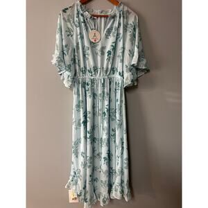 ANRABESS Floral Midi Dress Women Large Boho Ruffle Sleeve Spring Summer Blue